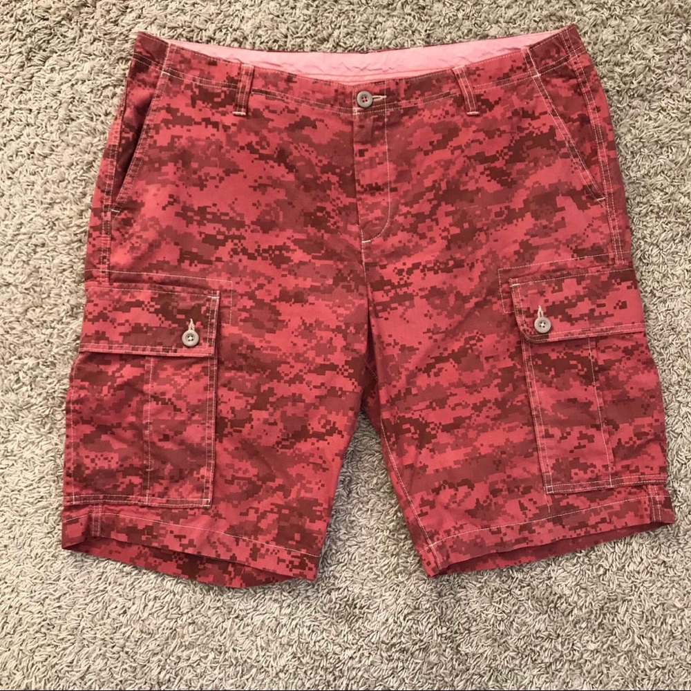 Over dyed red camo digital camo cargo shorts